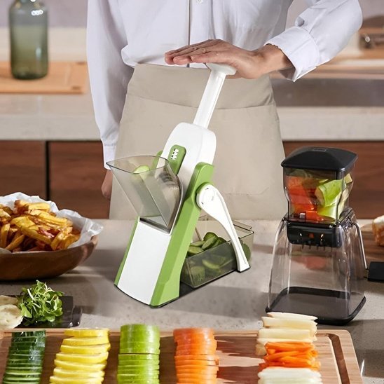 Chef cuisinier utilise mandoline cuisine à pressoir