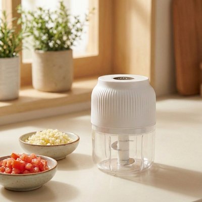 Mini hachoir électrique blanc rechargeable, design et compact