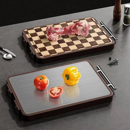 Planche en bois à découper avec double-face inox visible sur deux planches