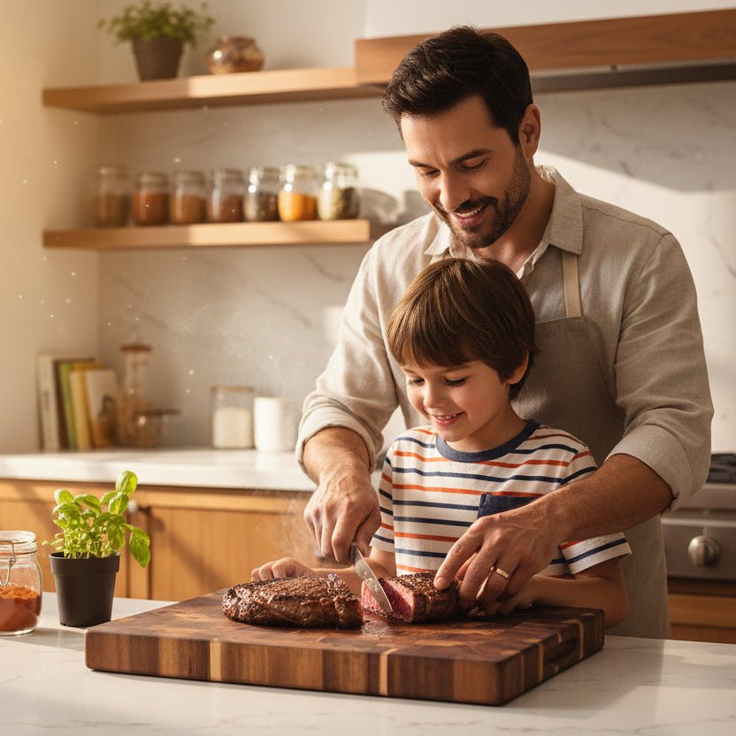 Homme coupe steak avec son fils sur une superbe planche à découper en bois d'acacia