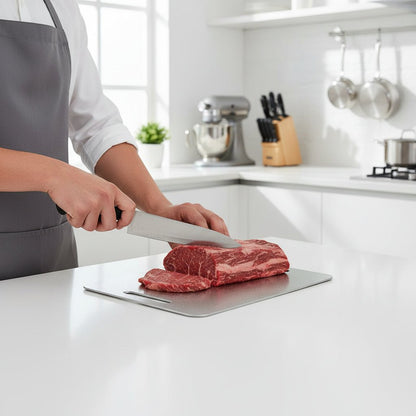 Homme coupe viande sur planche a decouper en titane argentée