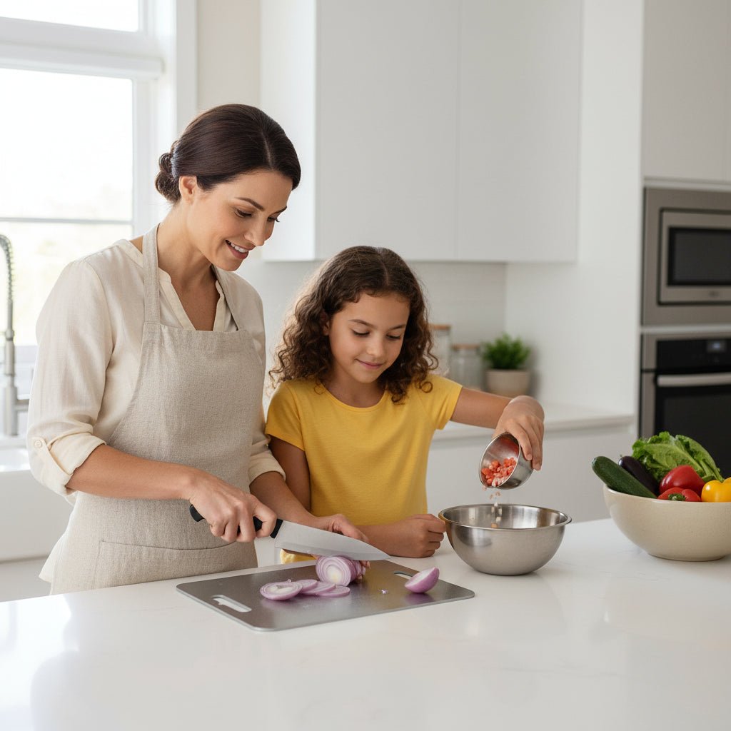 Femme tranche oignons sur planche a decouper en titane