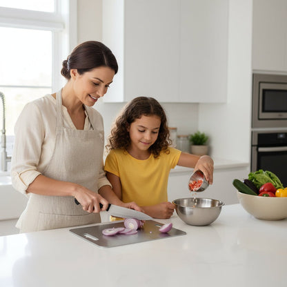 Femme tranche oignons sur planche a decouper en titane