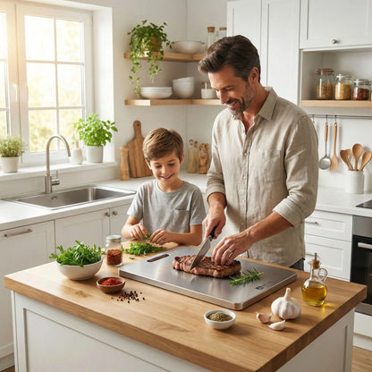 Homme coupe un steak avec son jeune fils sur des planches a decouper en titane pur 