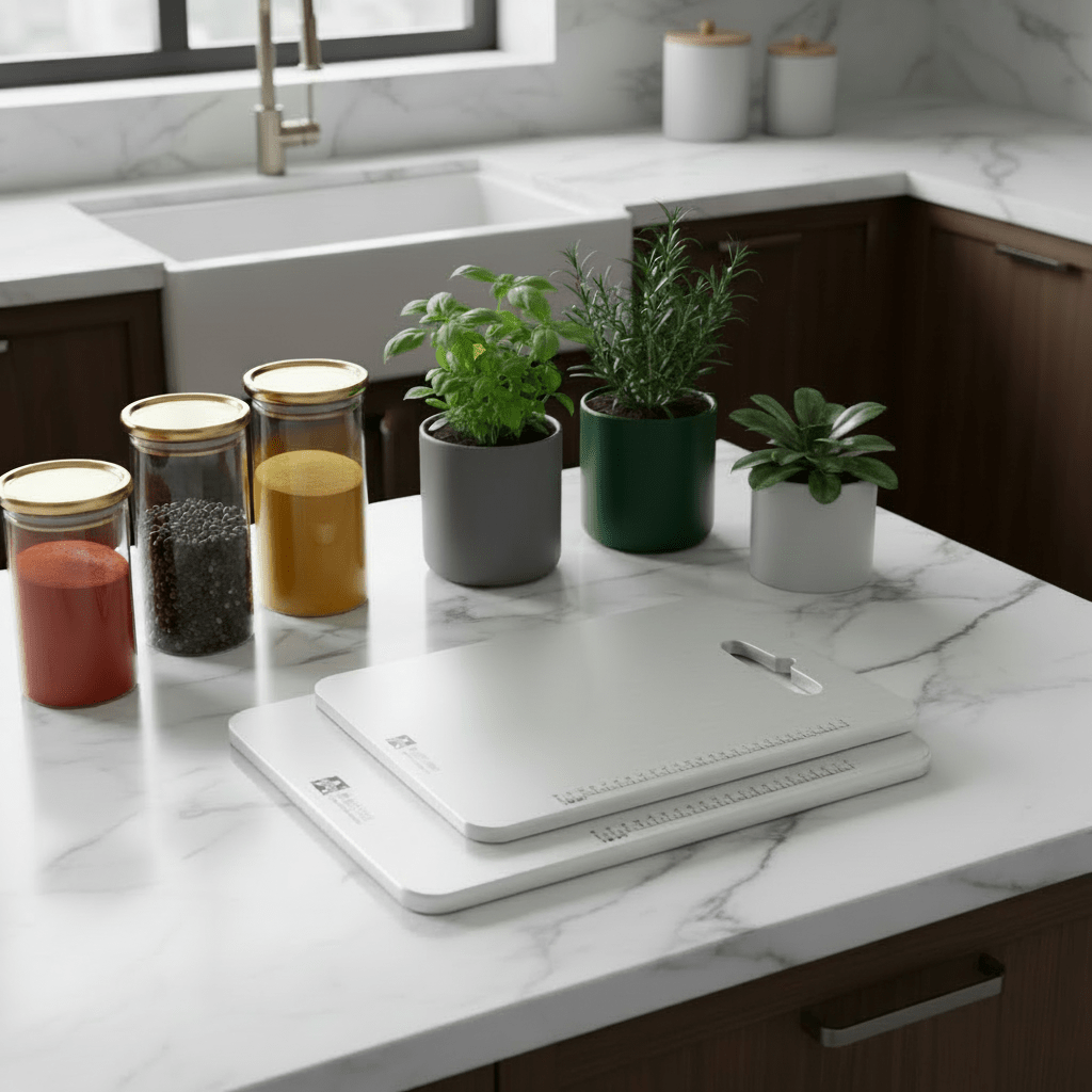 Planches a decouper en titane pur sur comptoir de cuisine ensoleillé