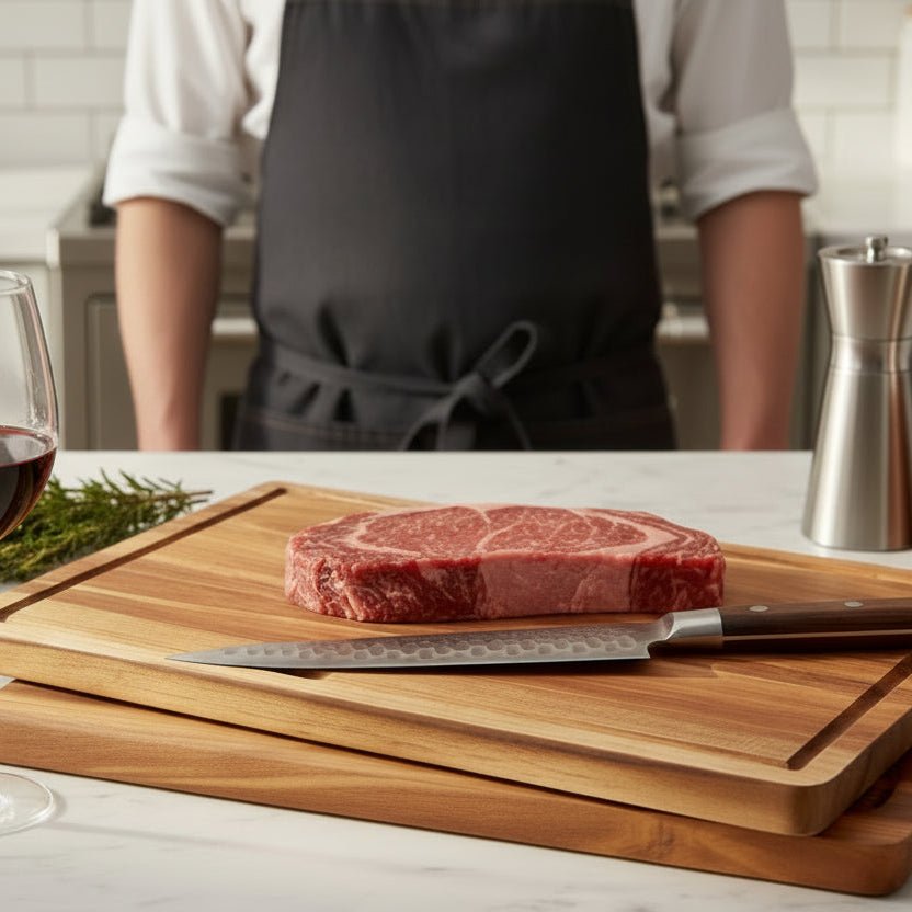 Steak et couteau sur planche bois à découper devant un homme