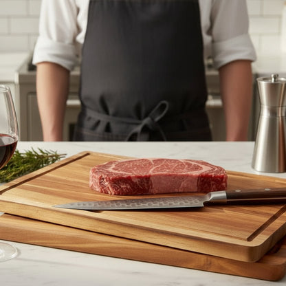 Steak et couteau sur planche bois à découper devant un homme