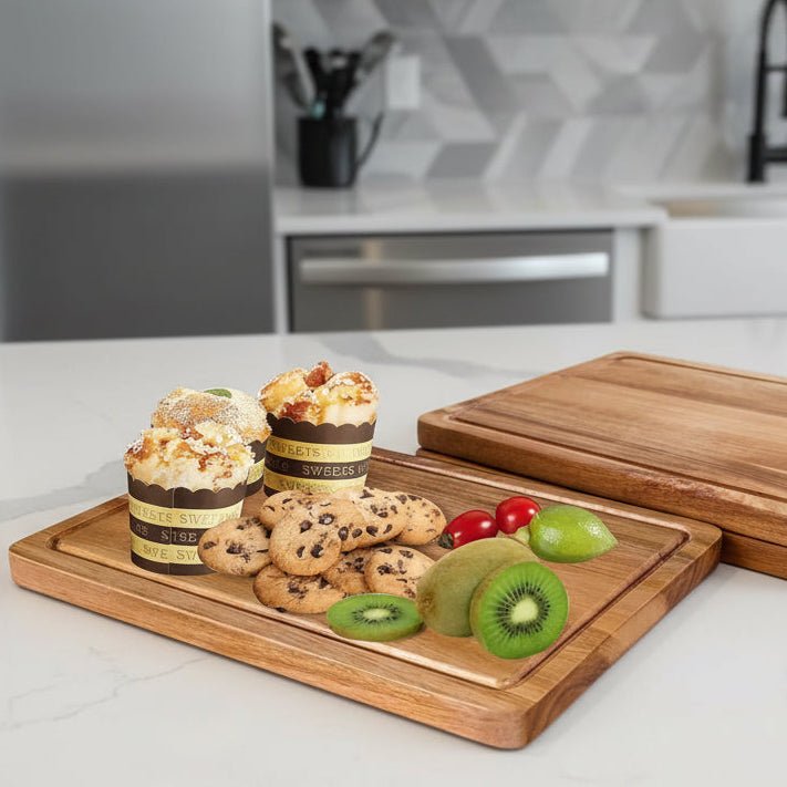 Biscuits et fruits sur planche bois à découper