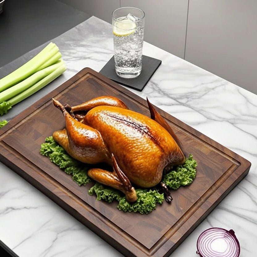 Poulet roti deposé sur planche a decouper bois de noyer (wallnut)