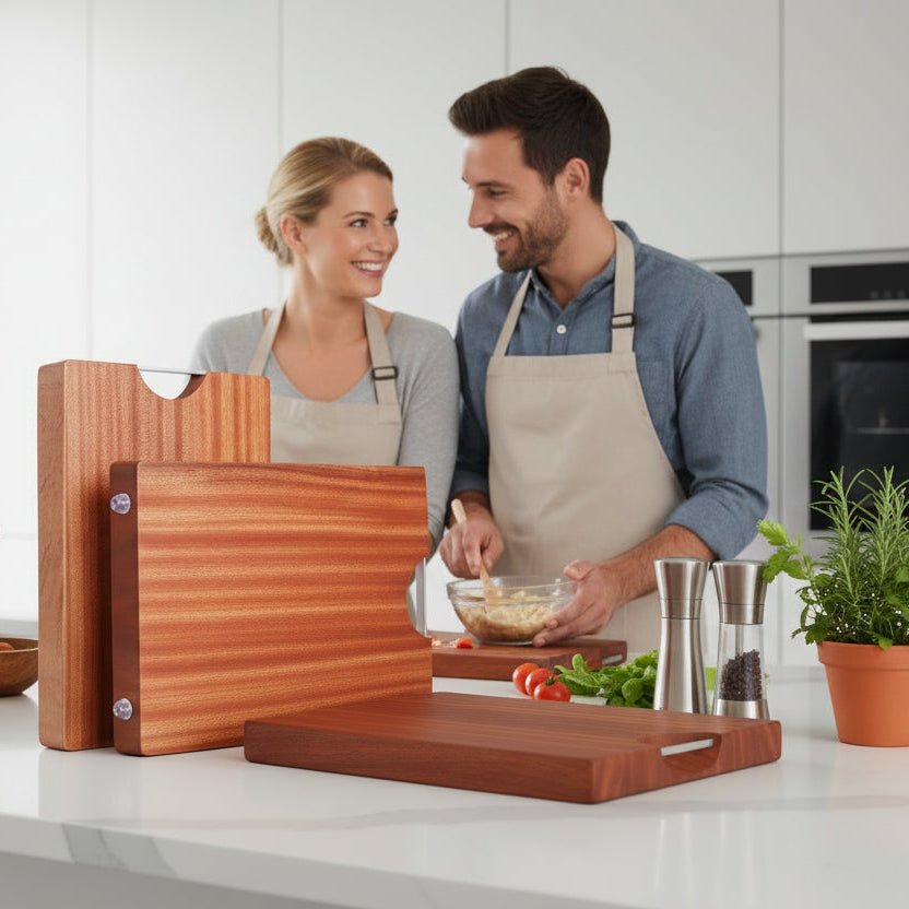 couple prépare un repas devant planche en bois à découper