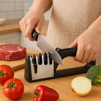 Chef tient Aiguiseur couteau avec poignée