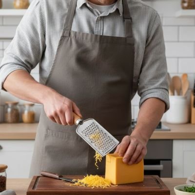 Cuisinier prépare du fromage avec Râpe à fromage 