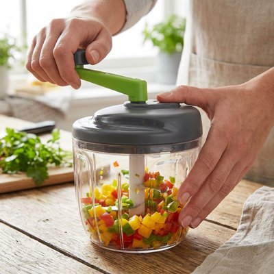 Cuisinier prépare salsa complète dans un Hachoir manuel large