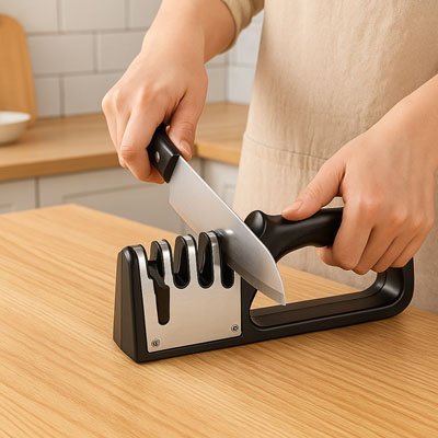 Cuisinier utilise Aiguiseur couteau