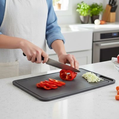 Cuisinière tranche légume sur Planche a decouper noire