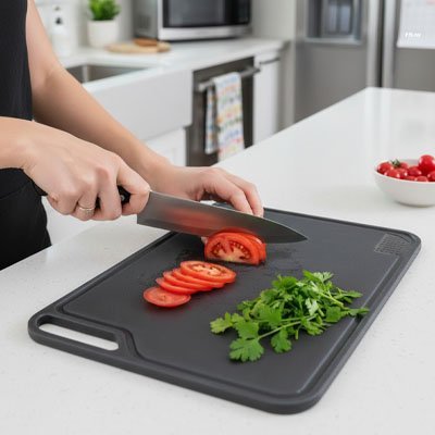 Femme coupe tomates sur Planche a decouper 