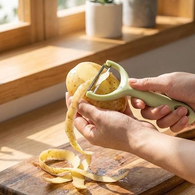 Femme épluche pomme de terre avec Éplucheur à légumes classique