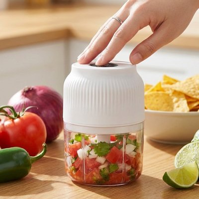 Femme fait salsa rapide avec Mini hachoir électrique 