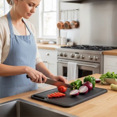 femme prépare légumes sur Planche a decouper multifonctionnelle