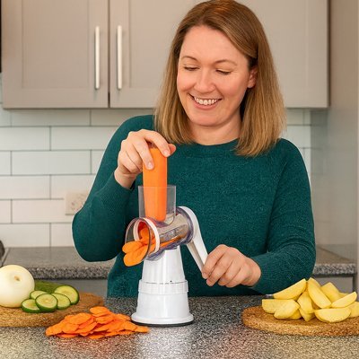 Femme tranche carottes avec Râpe à légumes manuelle verticale à manivelle 