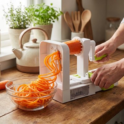 Femme utilise Coupe légumes pour fair des spirales de carottes