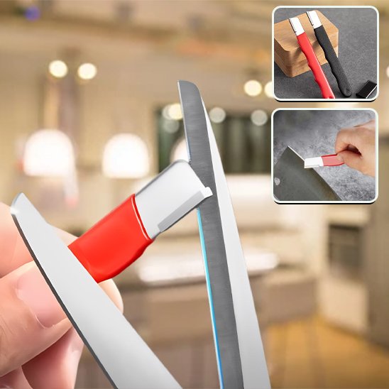 Homme affûte ciseaux sur affuteur de couteau