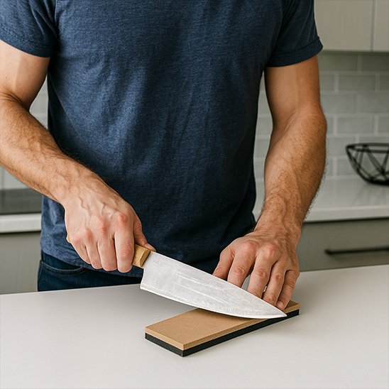 Homme affûte lame sur Pierre a aiguiser 