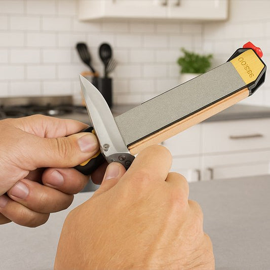 homme affûte petit couteau sur Pierre a aiguiser 