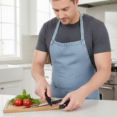 Homme avec son Aiguiseur couteau dans sa cuisine