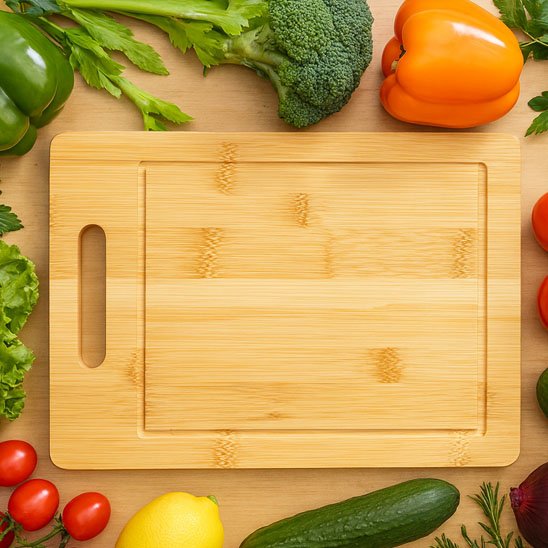 Planche a decouper bois entourée de poivrons